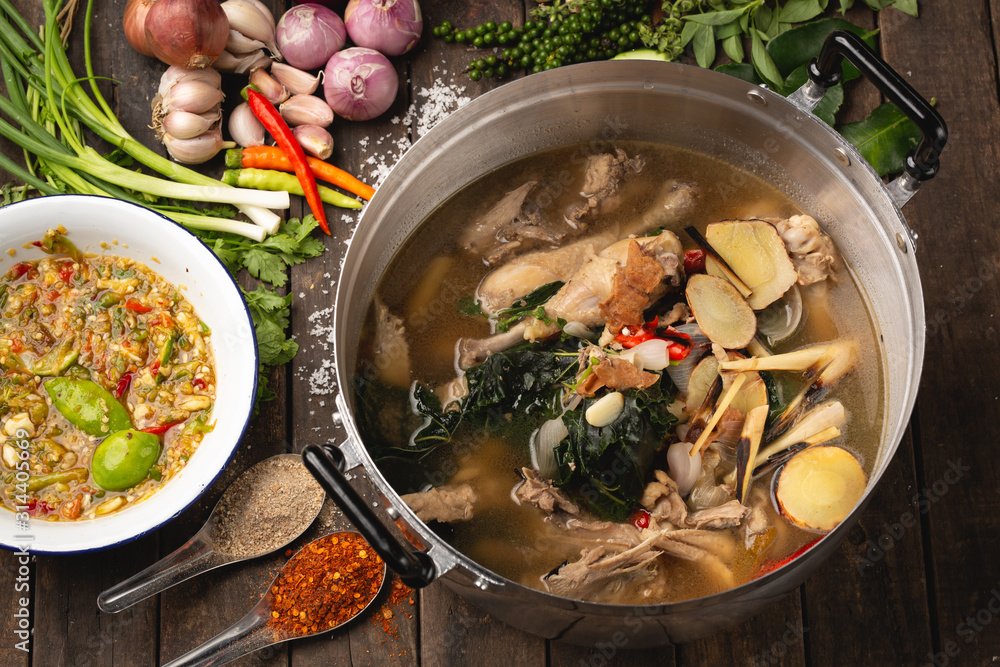 [Thai Esan food] Boiled chicken, Thai Esan local food, Thailand