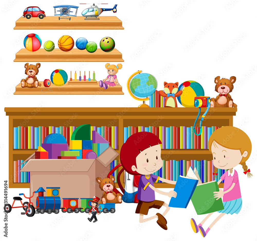 白色背景下装满书籍和玩具的书架