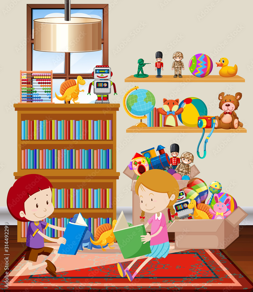 两个孩子在房间里看书的场景