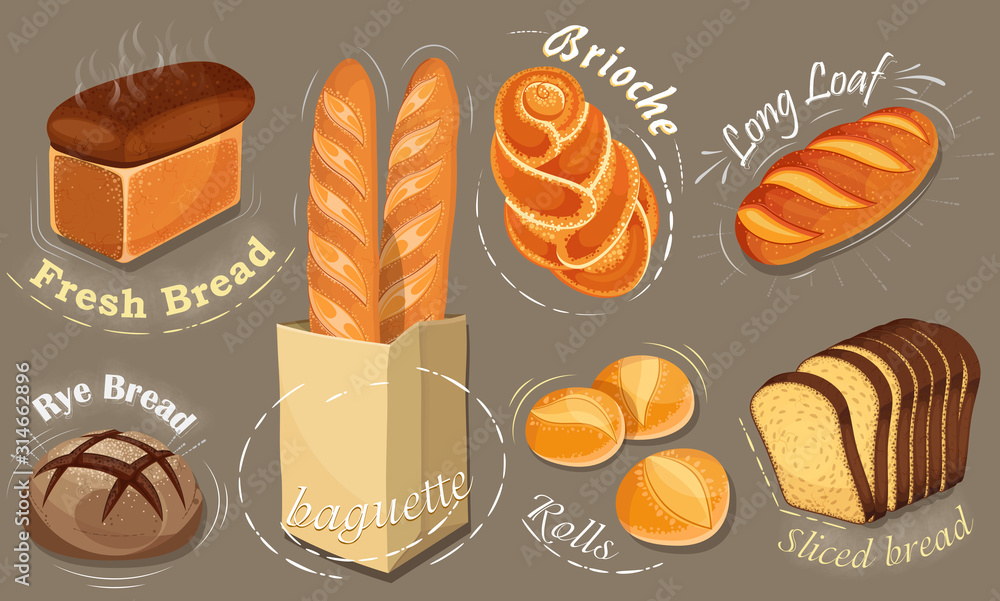 矢量面包图标集。长面包、黑麦面包、法棍面包、面包卷、奶油蛋卷。