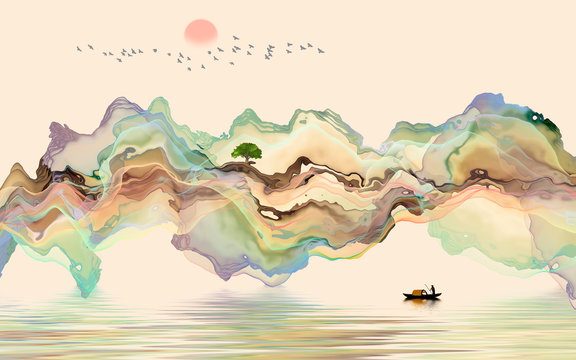 水墨山水装饰插图抽象线条海报背景