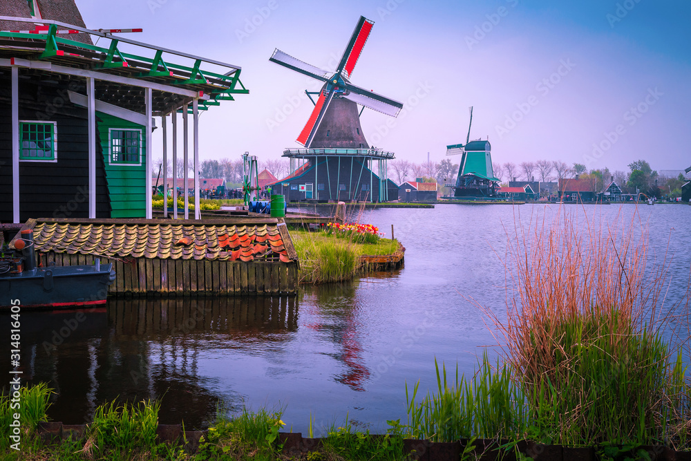 Old dutch windmills in Zaanse Schans museum village, Zaandam, Netherlands