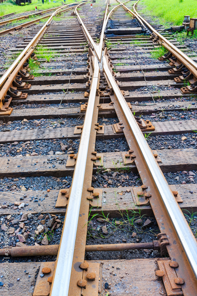 铁路列车运输金属钢轨的近距离俯视图。