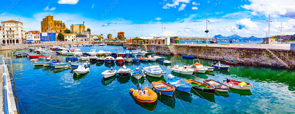Coastal towns of Spain.Castro Urdiales.Cantabria.Fishing village and Boat dock. Scenic seascape.tour