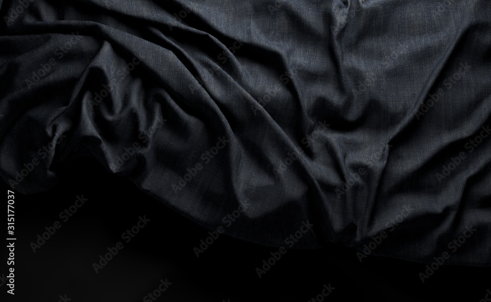 抽象的深色褶皱面料。黑暗中的画布纹理细节。光滑优雅的深色丝绸或缎面lux