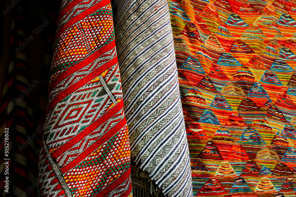 Detail colorful ethnic costume sold in market in the médina of marrakech
