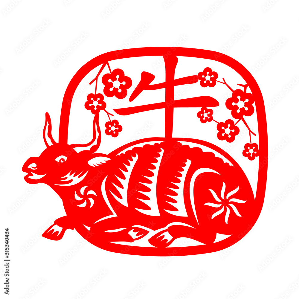 红色剪纸中国牛牛生肖和圆形矩形框架中的花朵，中国单词的意思是牛vec