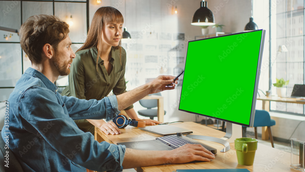 女艺术总监咨询设计师同事，他们在绿屏个人电脑上工作
