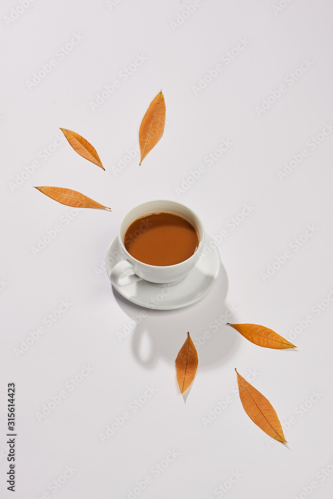 一杯咖啡和秋叶，白色背景，俯视图