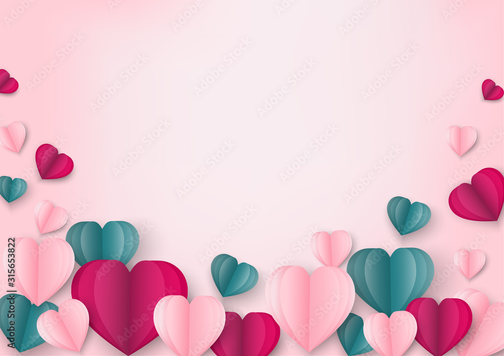 爱的纸艺术和折纸在柔和的粉红色上制作的心形，在复制空间中飞翔。母亲D