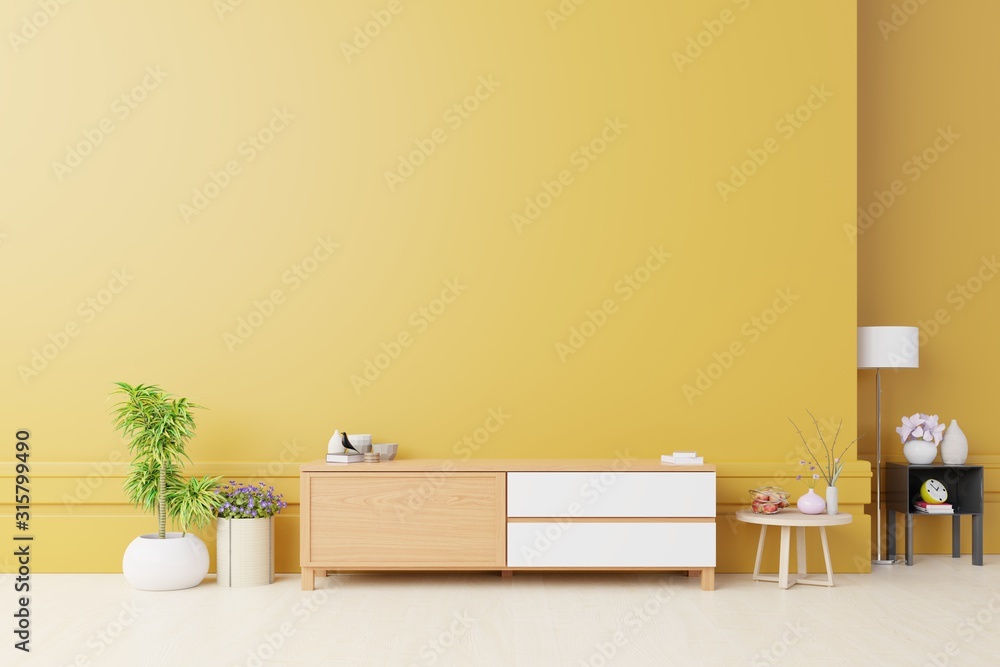 Cabinet For TV or place object in modern living room with lamp,table,flower and plant on yellow wall