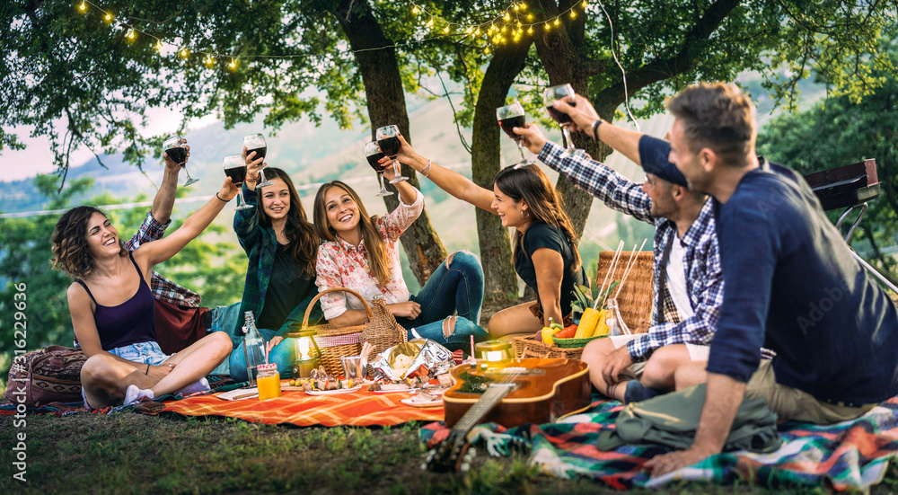 日落时分，快乐的朋友们在葡萄园玩得很开心——年轻人在露天野餐时举杯庆祝千禧年