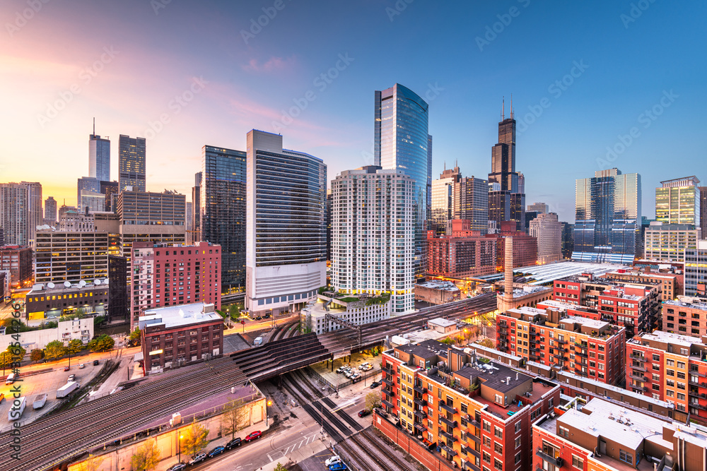 美国伊利诺伊州芝加哥黄昏城市景观