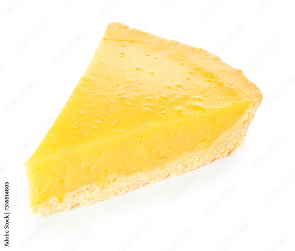 Slice of tasty lemon pie on white background