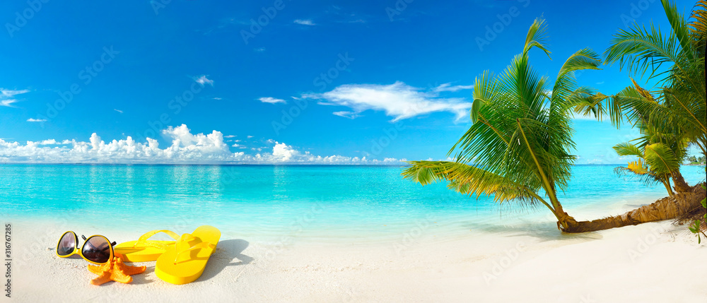 白色沙滩、绿松石色海洋、蓝天、云朵、水面上的棕榈树、太阳镜、人字拖等等
