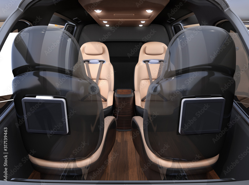 飞行汽车（空中出租车）的豪华内饰，配有舒适的真皮座椅。透明层复合材料