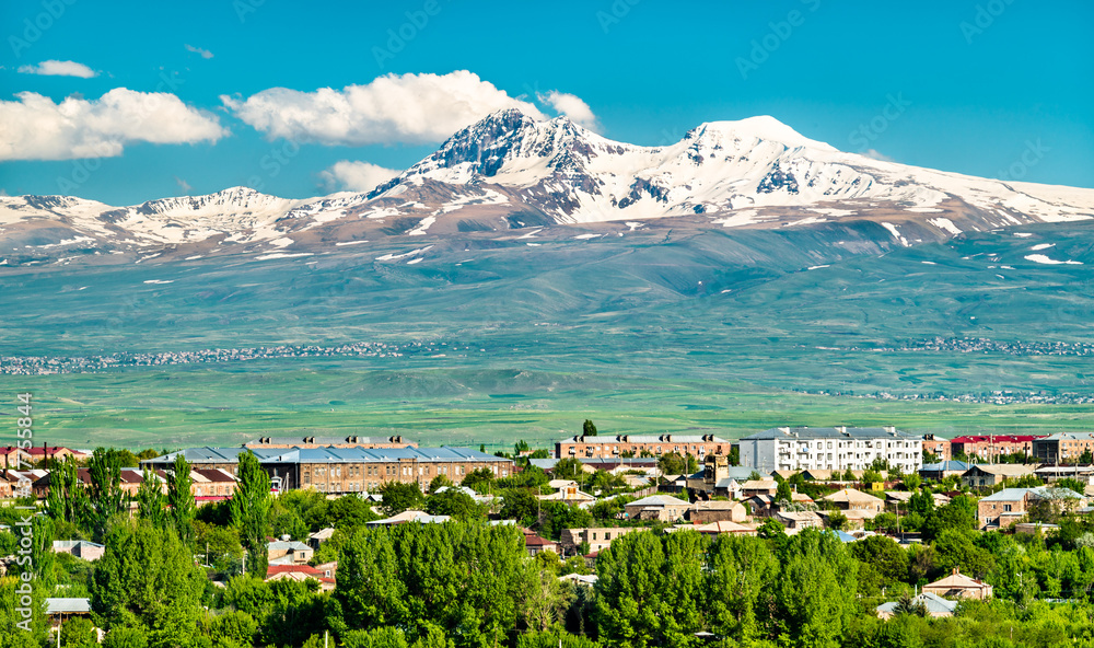 从亚美尼亚久姆里看阿拉加茨山