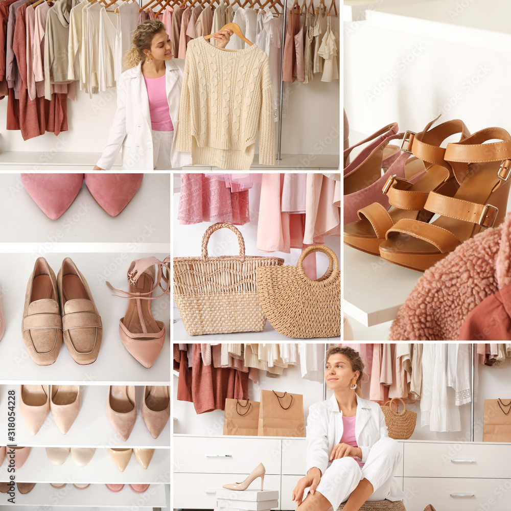 Collage of photos with woman and stylish female clothes and shoes in wardrobe
