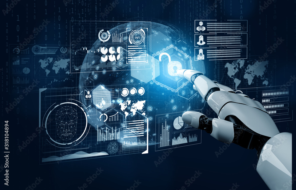 未来机器人技术开发、人工智能AI和机器学习概念。G
