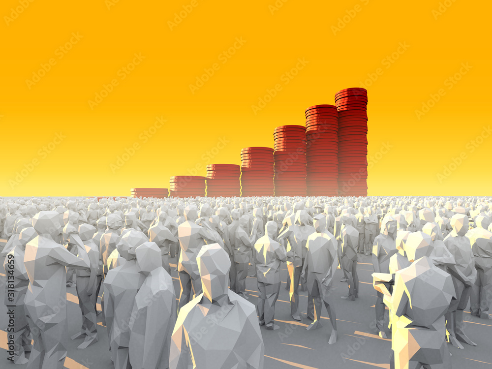 3D插图多边形人群与红色硬币堆站在一起成长为成功的商业苏
