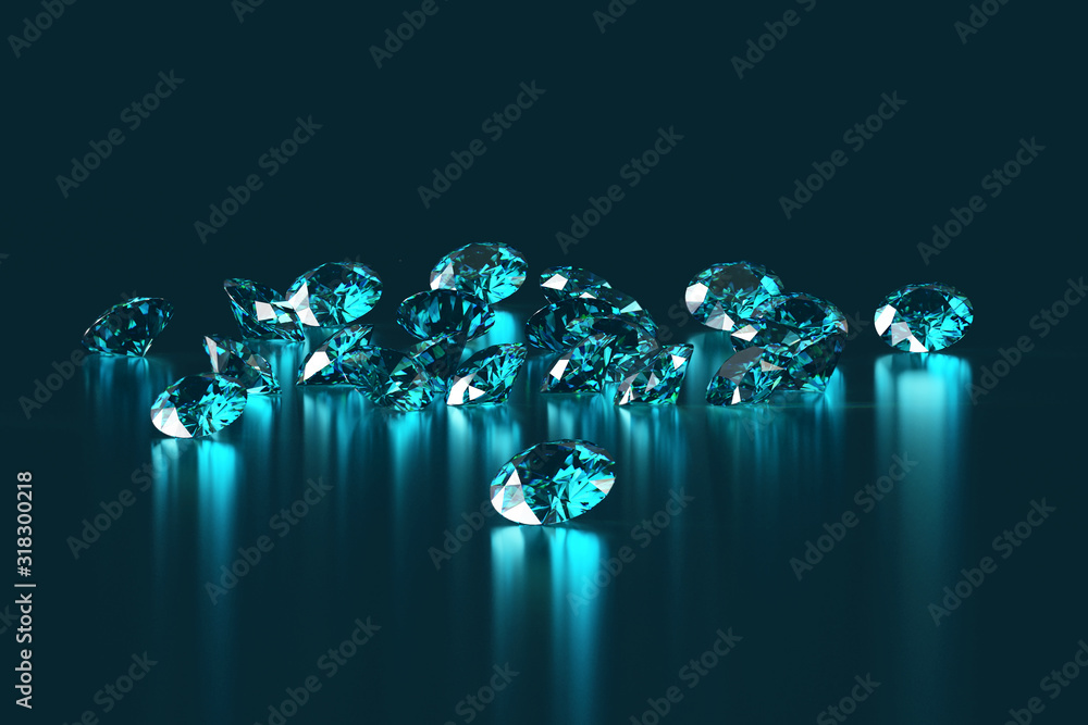 一组蓝色圆形钻石镶嵌在反射背景上的宝石3d渲染。