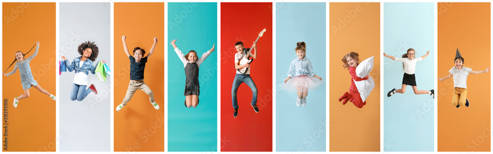 不同跳跃儿童的照片拼贴