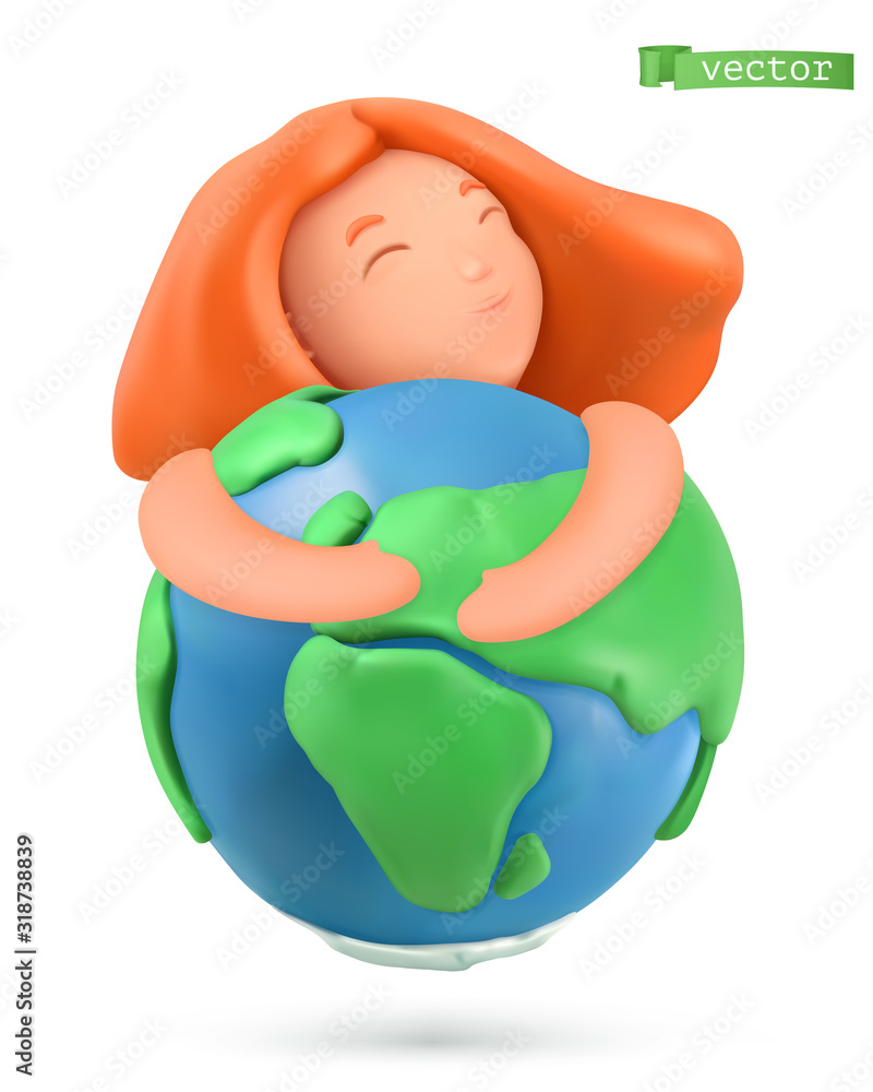 地球日图标。小女孩拥抱地球。三维矢量物体。手工橡皮泥艺术插图