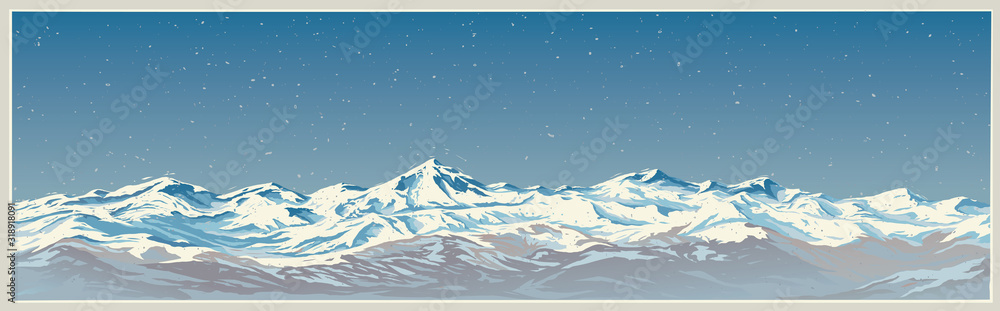 具有全景和背景类型的白色山峰的冬季山地景观。