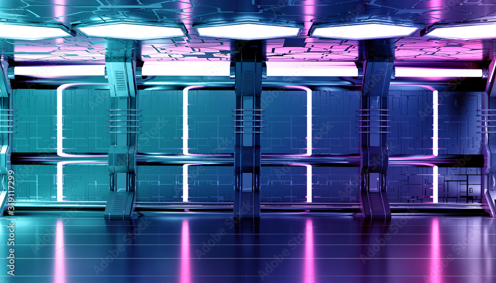 深蓝色粉色飞船未来感内饰，带有科技墙板3d渲染