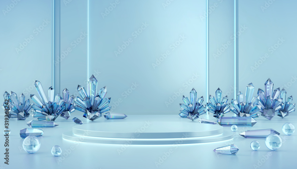 Abstract Luxury stage mock up with caustic crystal and glass ball, template for advertising product,