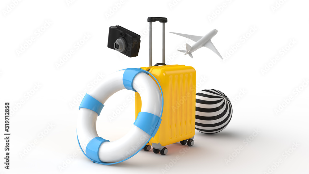 黄色手提箱、救生圈、相机、一架飞机和白色背景上的彩色气球。3d
