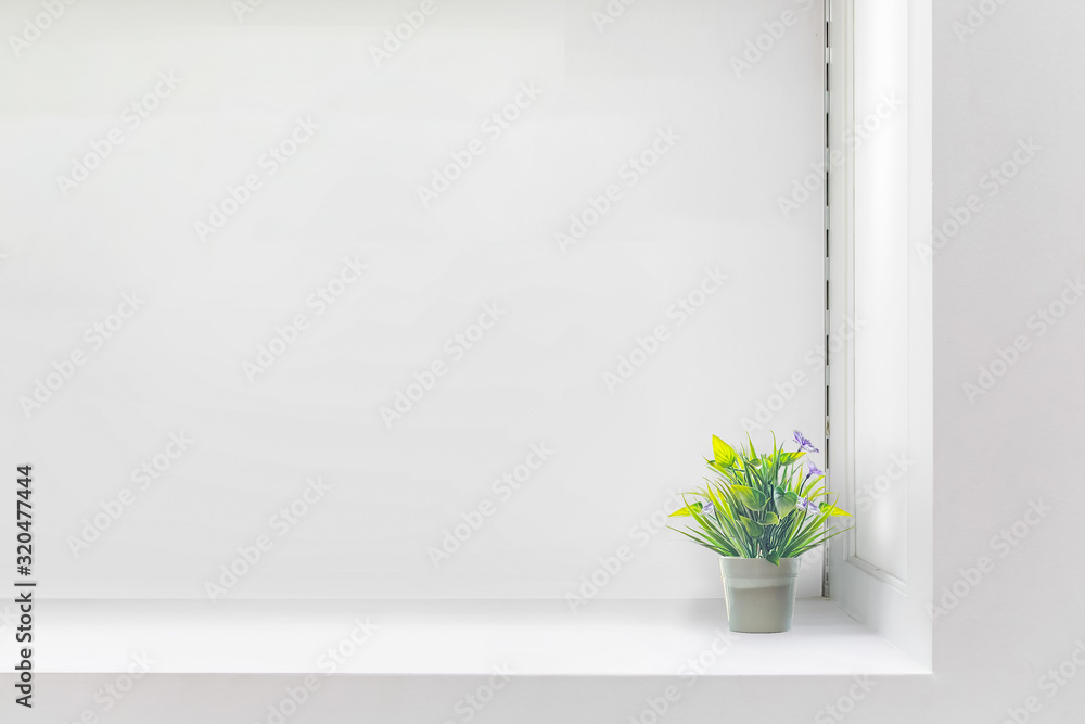 白色架子，白色墙壁，绿色植物。复制空间