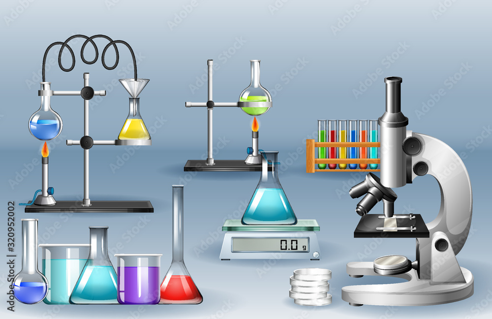 Lab equipments with beakers and micorscope