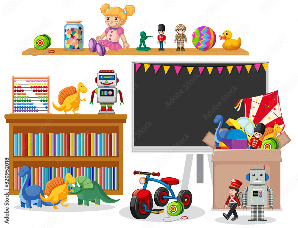 Room with blackboard and many toys