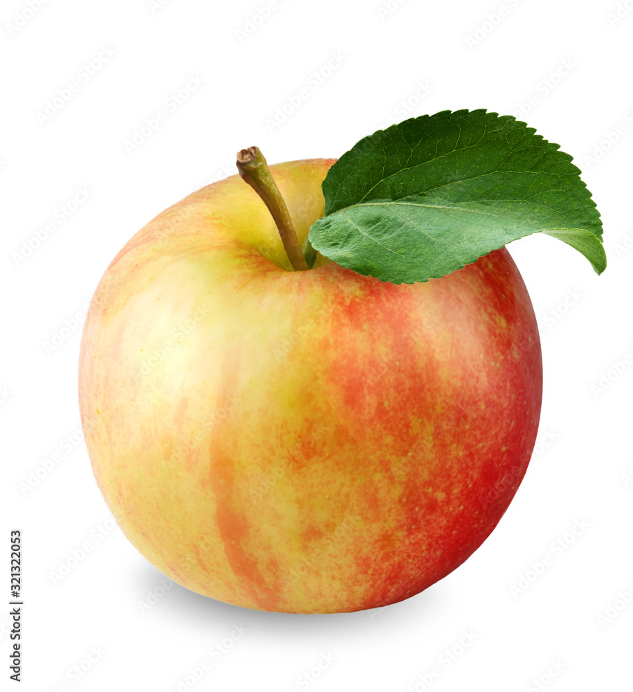 分离于白底的黄红色苹果。新鲜美味的苹果，绿色的苹果叶。