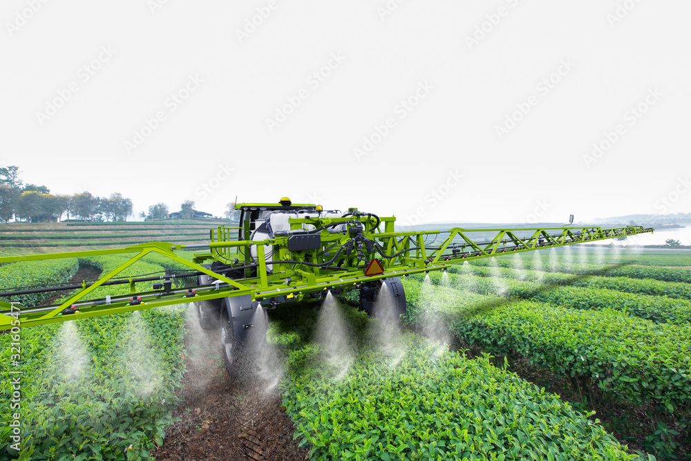 农业拖拉机在绿茶田施肥，科技智慧农场理念