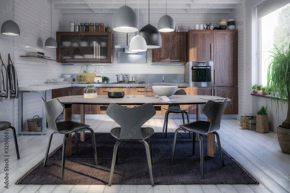 3D visualization of Modern Kitchen Area with Dining Room Integration
