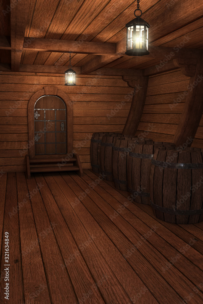 旧船内部。船舱或船舱背景。海盗船舱的三维插图。-三维渲染。