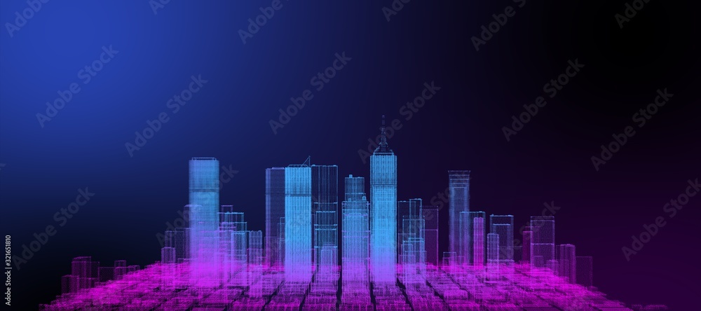 霓虹色城市3D.金融商业和科技城市，未来智慧数字城市科幻