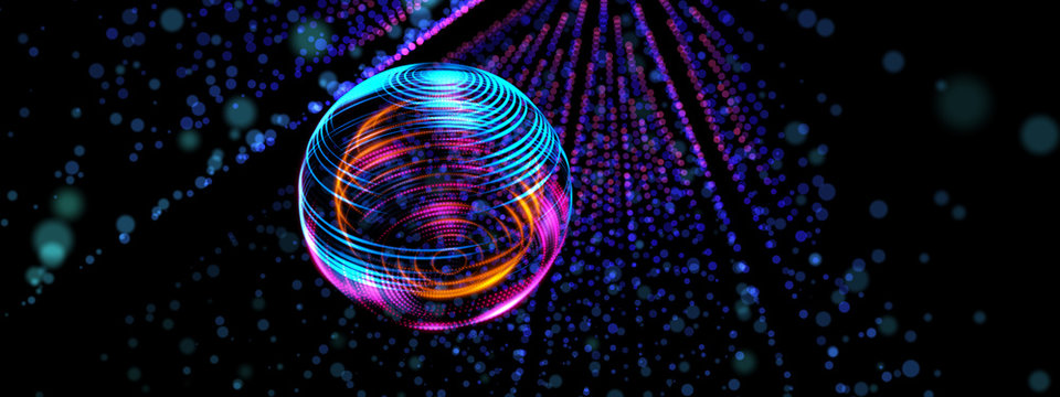 3D neon light globe orbit spinning in circle, digital smart world future technology science wide scr