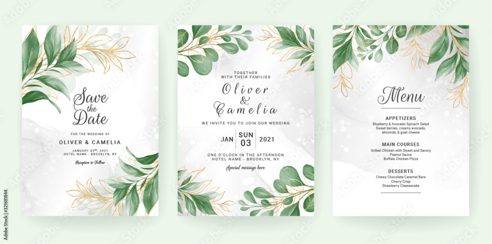 婚礼邀请卡模板集水彩叶子装饰。花边框用于保存