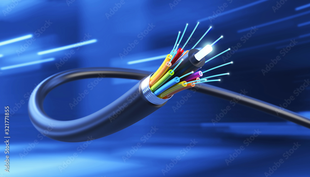 光纤电缆的连接，技术背景，三维插图。