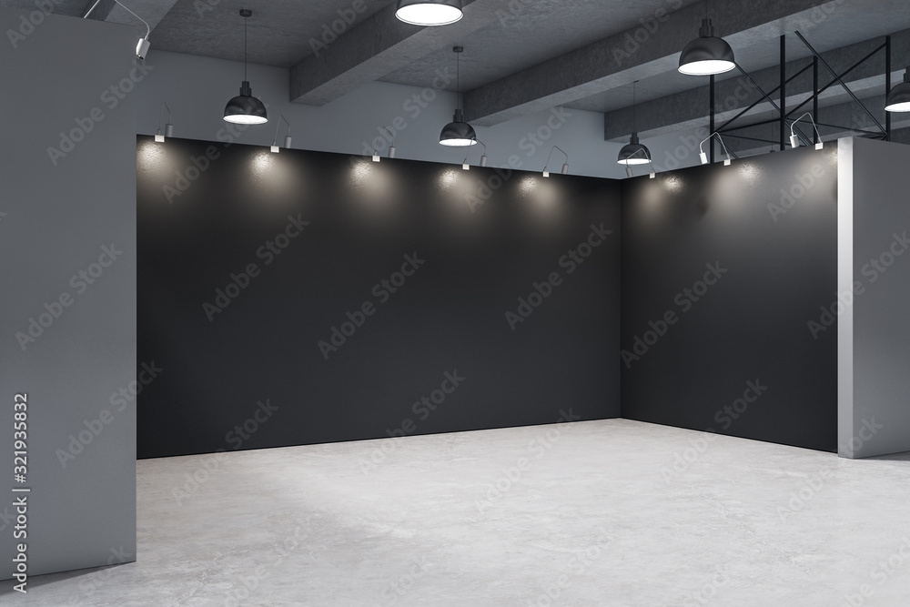 Minimalistic gallery interior with empty black wall