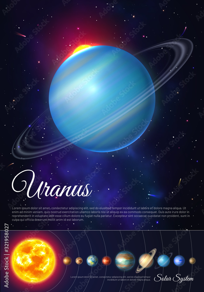 Uranus planet with rings of gas poster. Galaxy discovery and exploration. Realistic planetary system