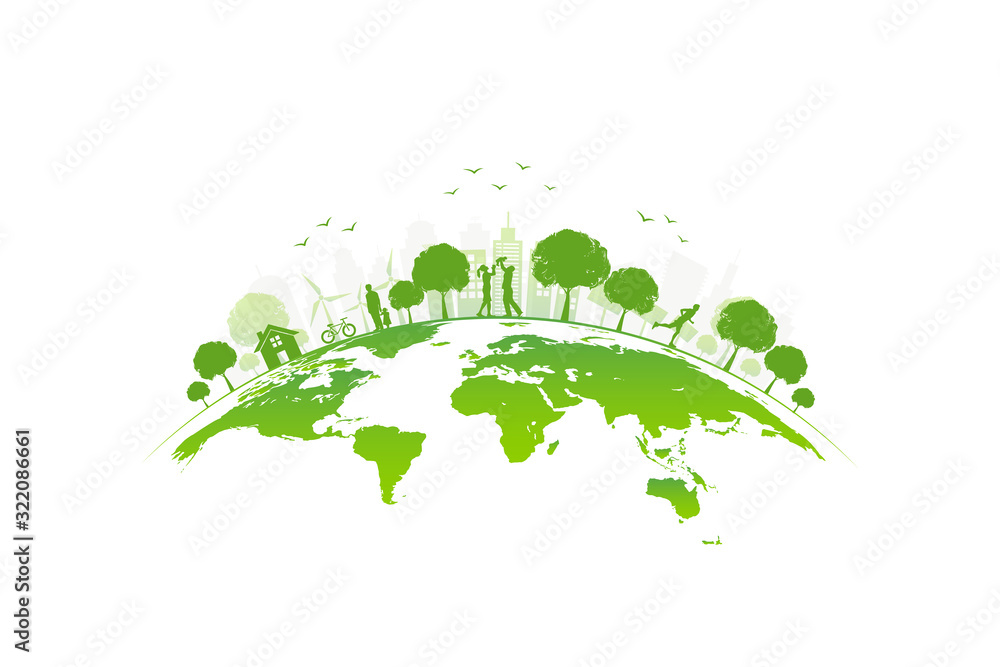 Ecology concept with green city on earth, World environment and sustainable development concept, vec