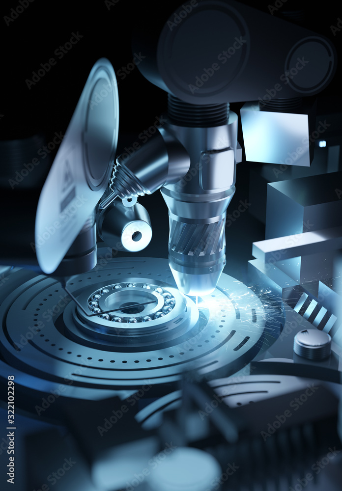 Machine Engineering. A programmed fabrication robot  manufacturing parts. 3D illustration.