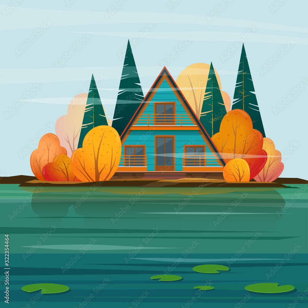 湖畔a型框架房屋的秋季景观
