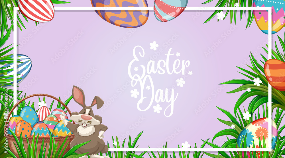 复活节海报设计，复活节兔子和花园里的彩蛋