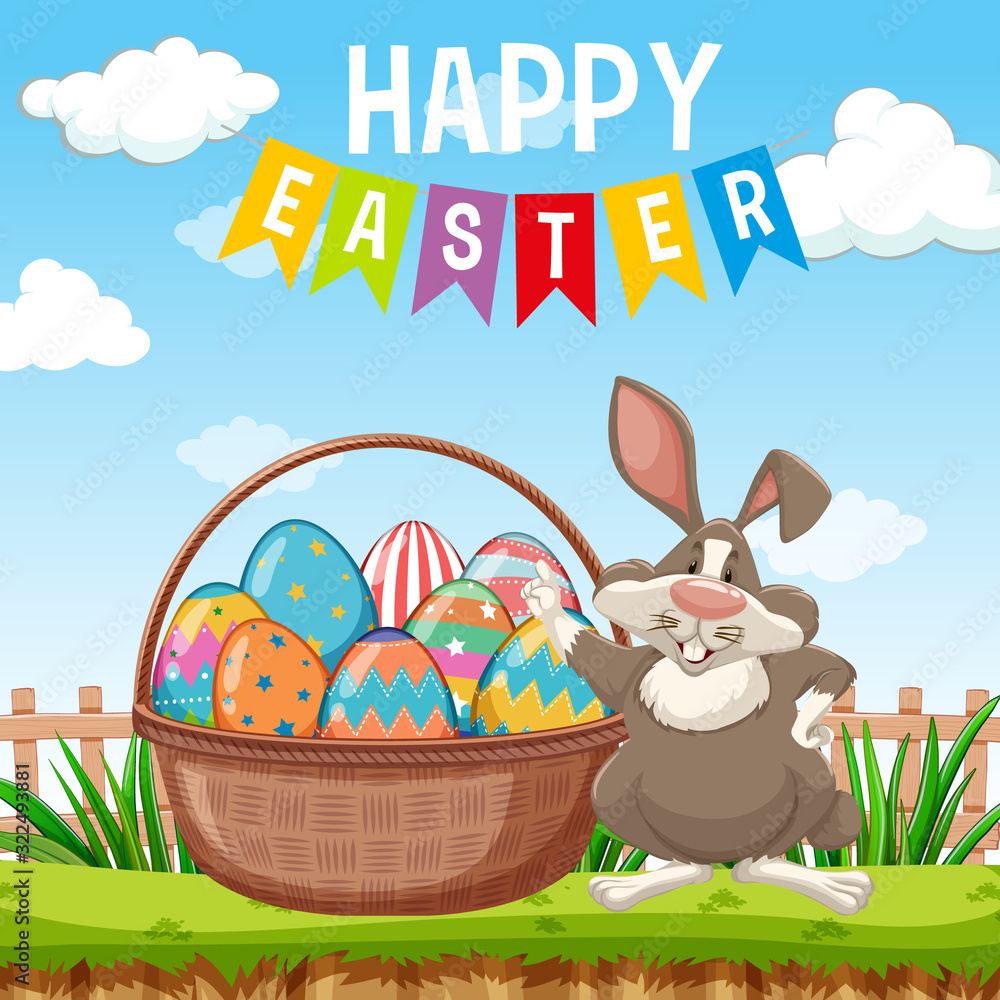 复活节海报设计，花园里有复活节兔子和鸡蛋