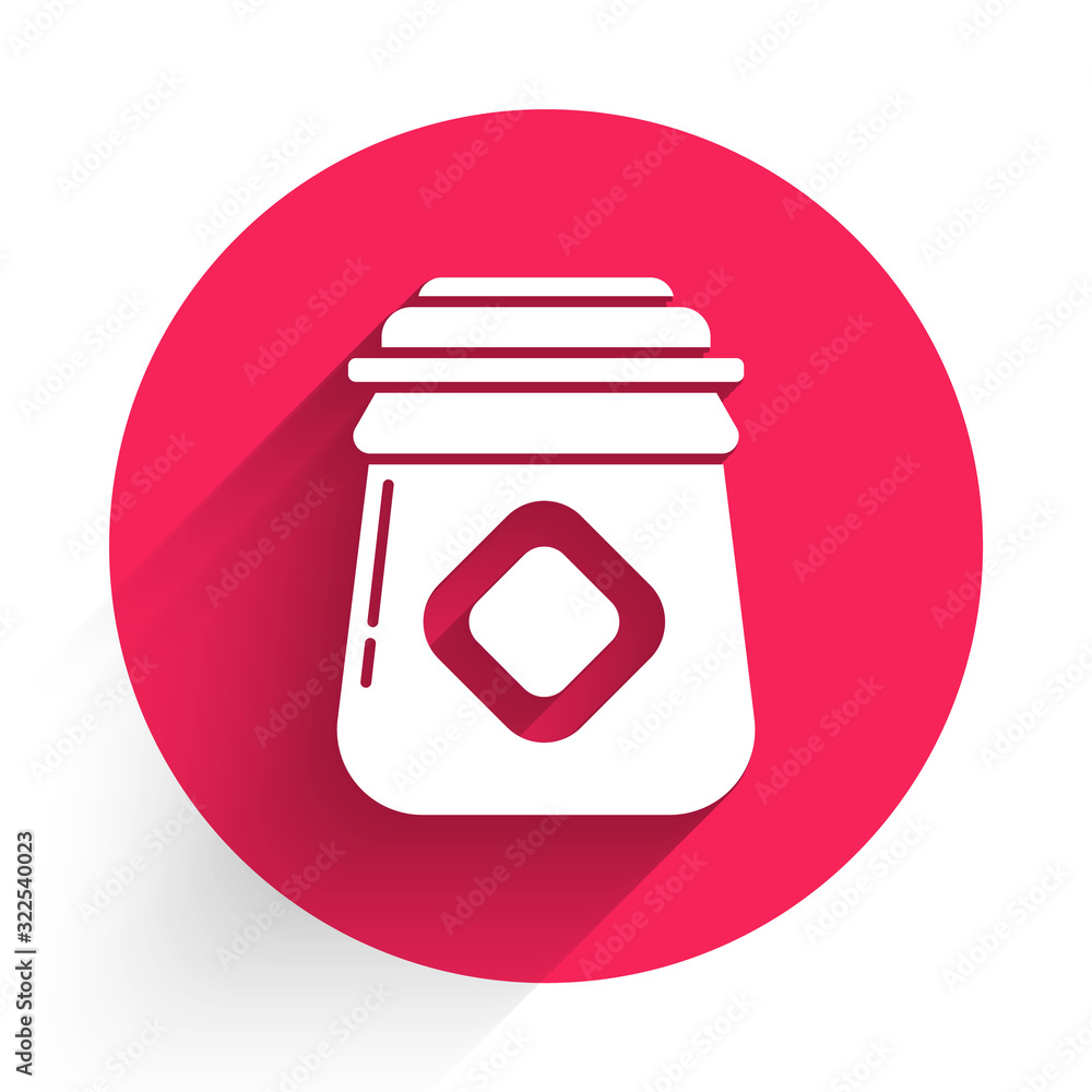 白色蜂蜜罐图标，与长阴影隔离。食物银行。甜味天然食物符号。红圈